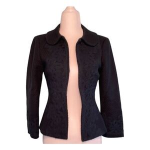 Nanette Lepore Lace Embroidered Tweed Blazer Navy Blue Embellishment Fitted 0